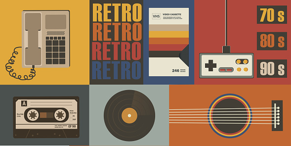 Various old-fashioned items on a retro background. Concept retro or vintage background.
