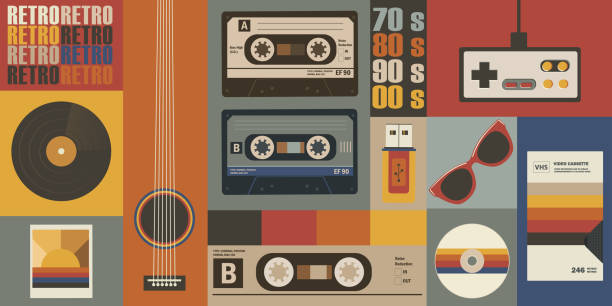 verschiedene altmodische artikel auf einem retro-hintergrund. konzept retro- oder vintage-hintergrund - vintage wallpaper video stock-grafiken, -clipart, -cartoons und -symbole