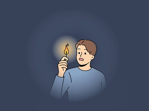 Scared man in darkness with lit match. Terrified guy with light walking in dark. Electricity lack. Vector illustration.
