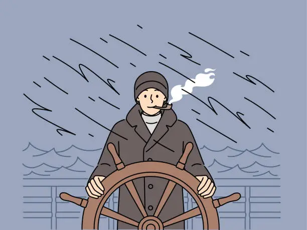 Vector illustration of Captain at steering wheel on ship in storm