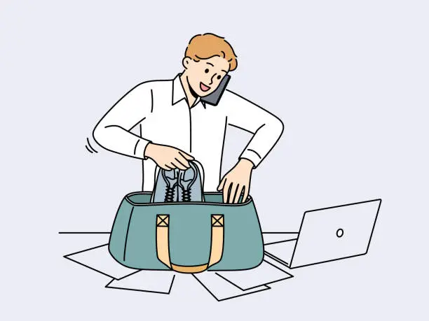Vector illustration of Male employee pack bag for gym at workplace