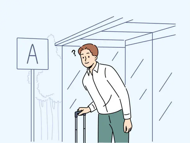 Vector illustration of Frustrated male traveler wait on bus stop