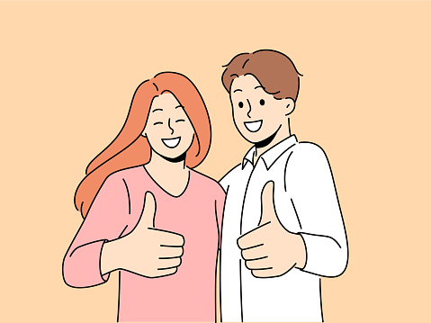 Smiling couple showing thumbs up give recommendation to good quality service. Happy man and woman recommend company to clients. Vector illustration.