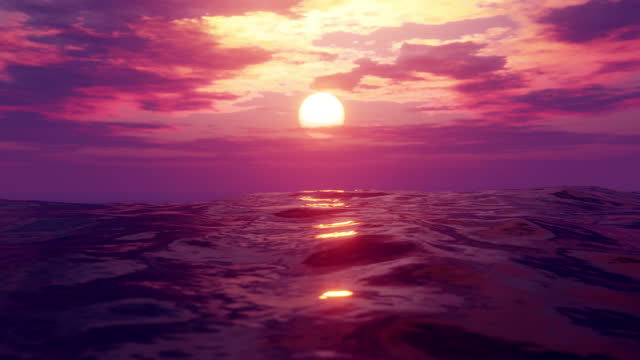 Waving ocean in sunset. 3d render. Seamless loop