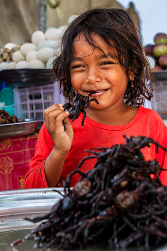 Cambodian little girl eating deep fried tarantula on a street market, Cambodia. Deep fried tarantulas are a delicacy in Cambodia.