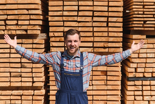 Joiner in uniform check boards on timber mill.