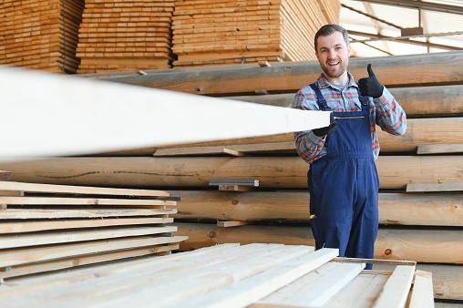 Carpenter in uniform check boards on sawmill.