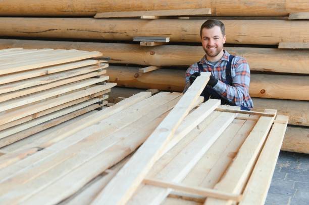 istock Carpenter in uniform check boards on sawmill 1496479569