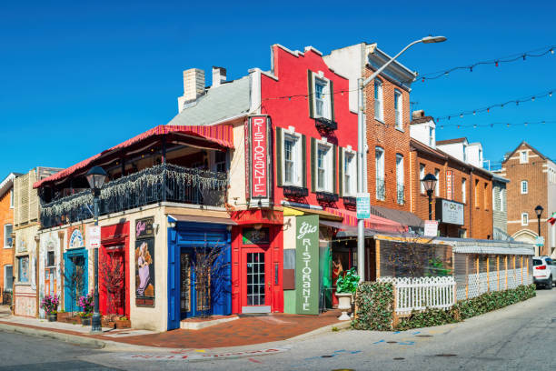 Colorful restaurant in Little Italy district in downtown Baltimore, Maryland, USA on a sunny day.