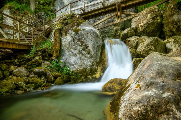 Wooden stairs lead up around the falling creek at the Myrafälle waterfalls in Lower Austria.