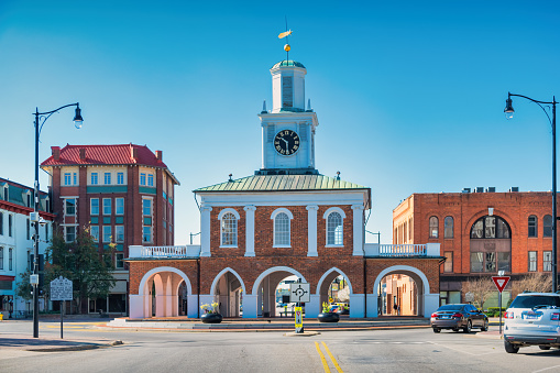 The historic Market House in downtown Fayetteville, North Carolina, USA on a sunny day.