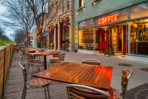 Coffee Shop and restaurant in downtown Raleigh, North Carolina, USA in the evening.