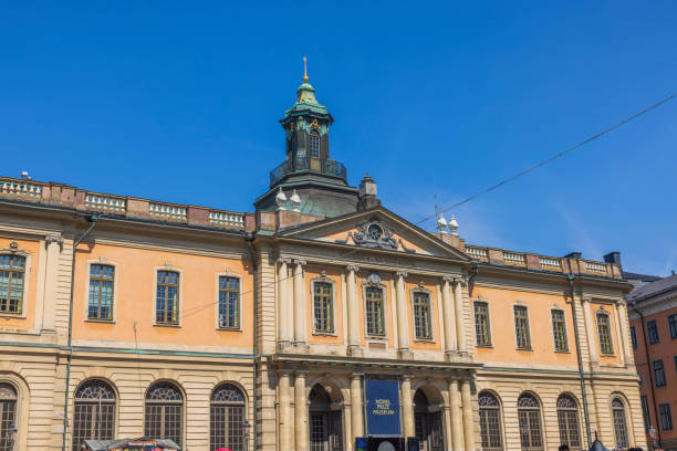 Stockholm, Sweden. 06.06.2023.  View of Noble Prize Museum building on blue sky background.