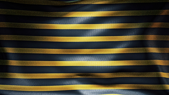 Shiny golden lines pattern on black waving flag holiday background. 3D render