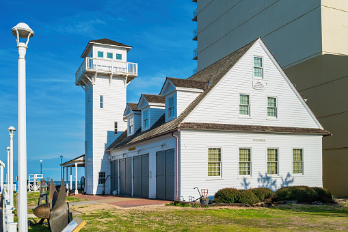 Surf and Rescue Museum on the Oceanfront in Virginia Beach, Virginia, USA on a sunny day.