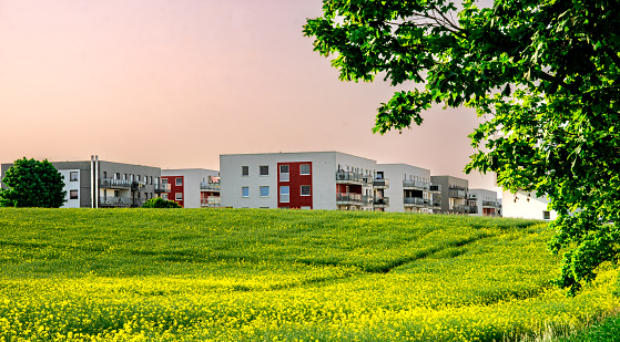 House development in Europe. Modern new residential buildings among blooming agricultural fields. Outskirts of the big city