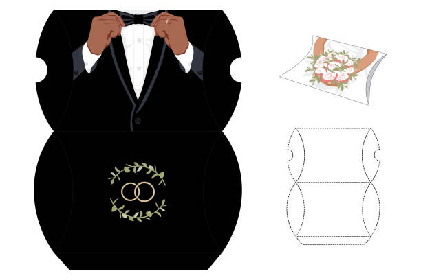 ilustrações de stock, clip art, desenhos animados e ícones de gift box black guy groom wedding die-cut template. black suit, tuxedo, and bow tie. vector blueprint - craft chocolate candy black box