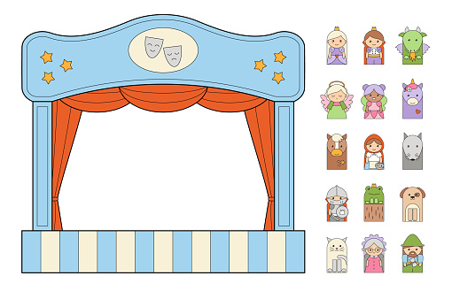 Puppet theater with fairy tale characters for paper cut kids activities. Cartoon style. Home theatre with cute toys. Princess; fairy; dragon; Little Red Riding Hood; unicorn... Vector