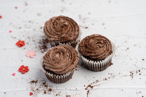 Chocolate and espresso cupcakes with chocolate swirl icing, selective  focus