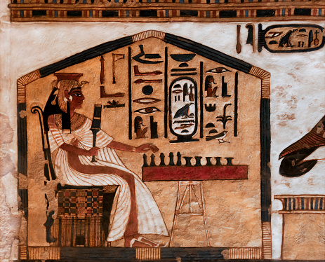 Wall painting depicting queen Nefertari playing Senet in the afterlife  in her tomb at Valley of queens . Luxor .Egypt .