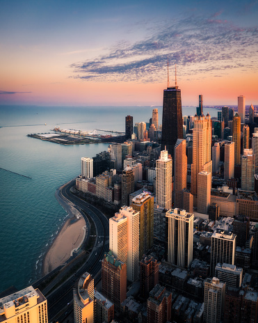 Aerial view of Chicago Gold Coast skyline with colorful sky