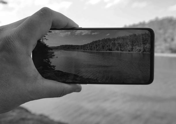 istock Cropped hand photographing lake through mobile phone 1496491436