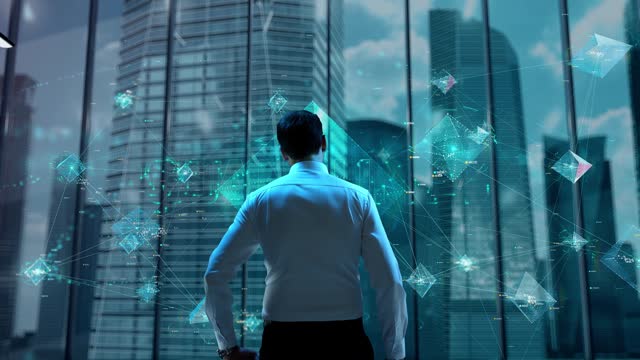 Quantum AI. Businessman Working in Office among Skyscrapers. Hologram Concept