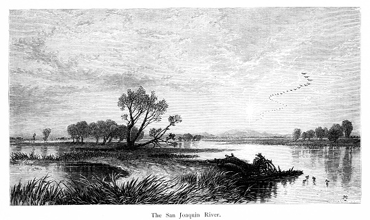 San Joaquin River, California, USA. Pen and pencil, engravings published 1874. This edition edited by William Cullen Bryant is in my private collection. Copyright is in public domain.