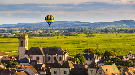 Hot air balloon ride above Pommard village in Burgundy, Cote de Beaune, in France