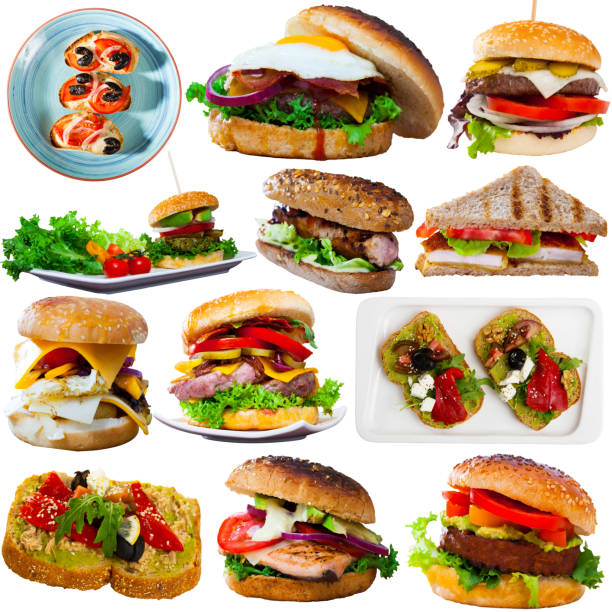 istock Assorted hamburgers, sandwiches and toasts isolated on white 1496497804