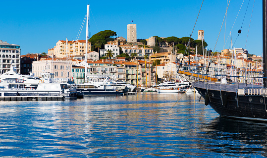 Port of Cannes and boats from sea view  at the French Riviera at sunny day