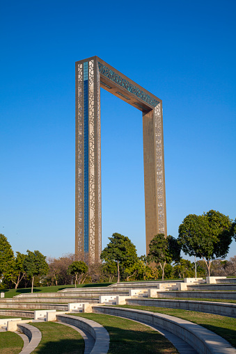 Dubai, United Arab Emirates - February 13, 2019: Dubai Frame building in Zabeel Park. The frame is 150 meters high and 93 meters wide and its popular Dubai attraction, horizontal sky desk on the top gives 360 panoramic view of Dubai.
