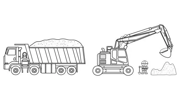 Vector illustration of Hand drawn Vector illustration color children construction site with excavator dump truck and construction worker clipart