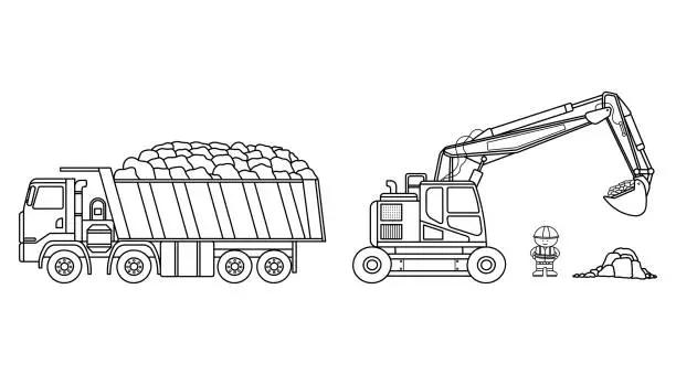 Vector illustration of Vector illustration color children construction site with excavator dump truck carrying rocks and construction worker clipart