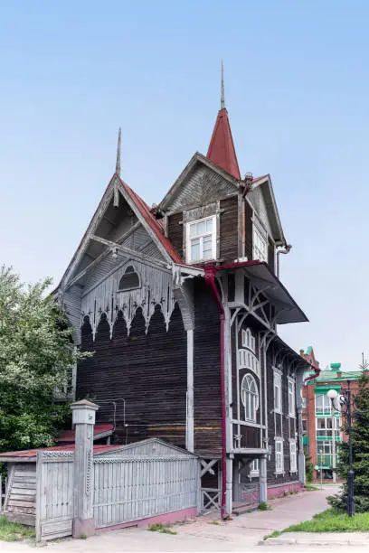 Old wooden House with the Spire in Tomsk, monument of gothic style architecture, Russia