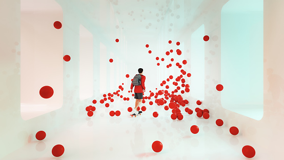 Abstract skater in corridor with bouncing spheres. 3D generated image.