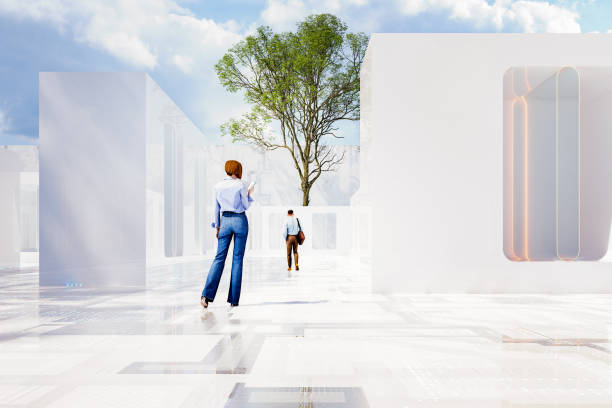 istock Futuristic street architecture with two people walking 1496506591