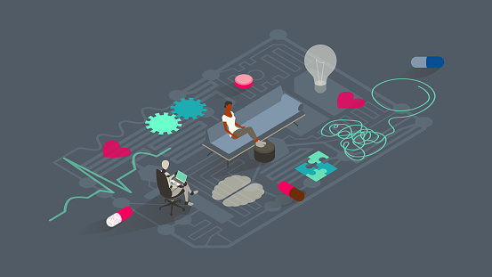 Robots assist healthcare professionals and patients in this conceptual illustration on the topics of psychiatry, psychology, mental health, and artificial intelligence. A technology-inspired gray color palette includes magenta highlights and an array of healthcare symbols, over a microchip background pattern. Isometric vector presented in a 16x9 artboard. This is not an AI-generated image.