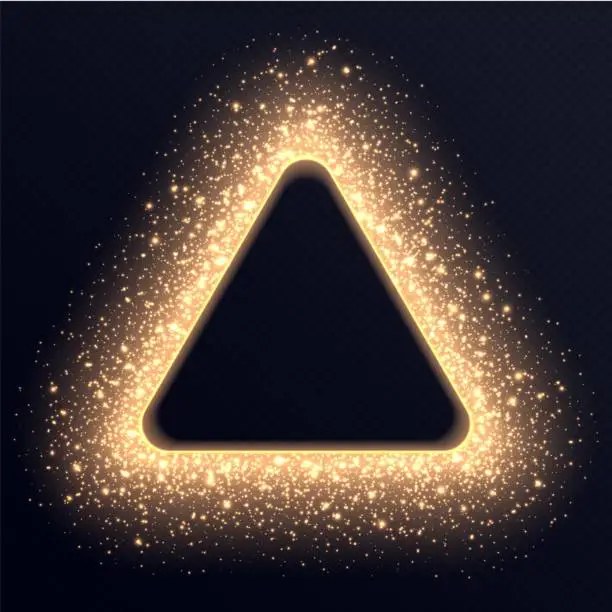 Vector illustration of Golden triangle frame with sparkles and flares, abstract luminous particles, background with bright stardust.