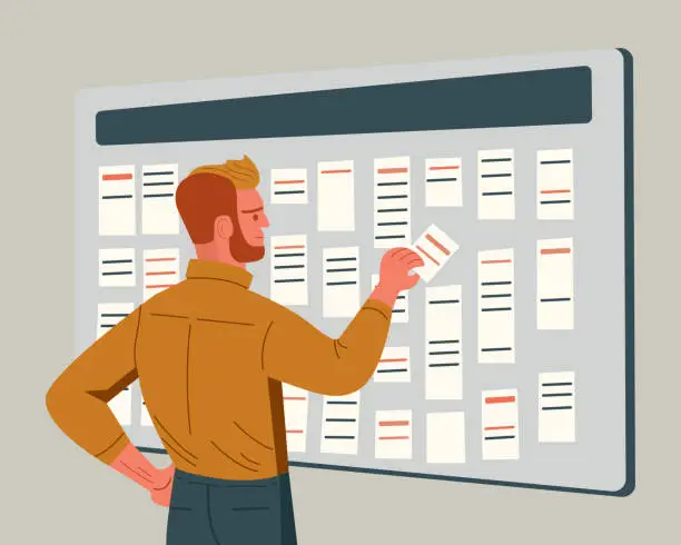 Vector illustration of Man character near scrum or kanban board. Wall workplace with task stickers. Office work, project plan, daily schedule method. Manager working with scrumboard