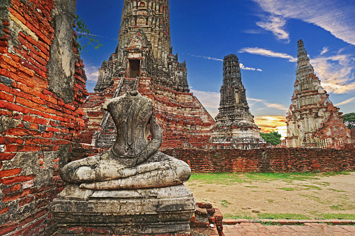 Buddha statues and temple ruins in Ayutthaya Historical Park. An old and beautiful temple built in the Ayutthaya period, Thailand