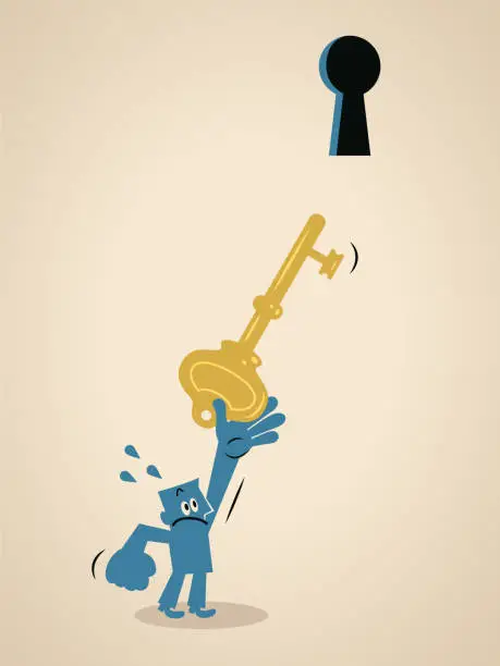 Vector illustration of A blue man tried to insert a large gold key into the keyhole, but the keyhole was too high for him to reach