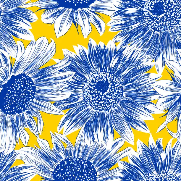 Vector illustration of Sunflower Seamless Pattern. Outline Flowers Wallpaper. Artistic Sketch Drawing Floral Illustration. Hand Drawn Beauty Plants. Vector Illustration on Yellow Background. For textile, fabric, design.