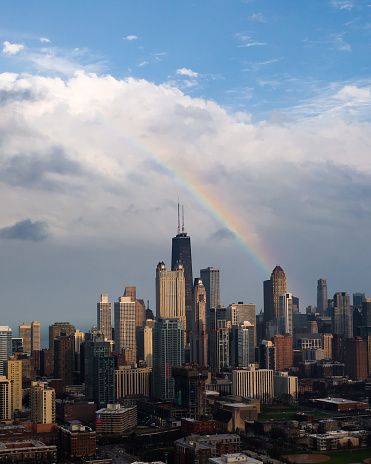 Aerial view of Chicago skyline with a rainbow
