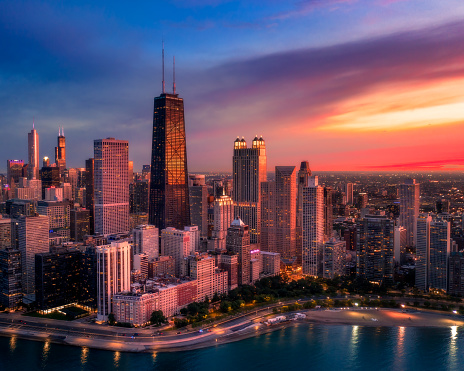 Aerial view of Chicago skyline with beautiful sunset colors