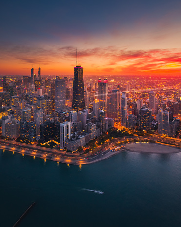 Aerial view of downtown Chicago at sunset
