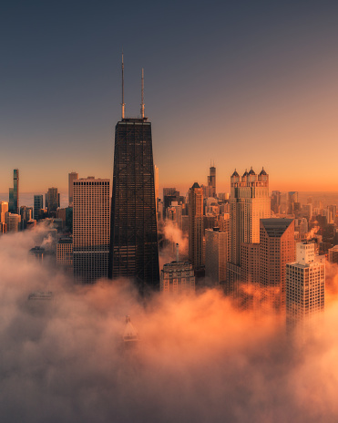 Aerial view of Chicago sunset with fog