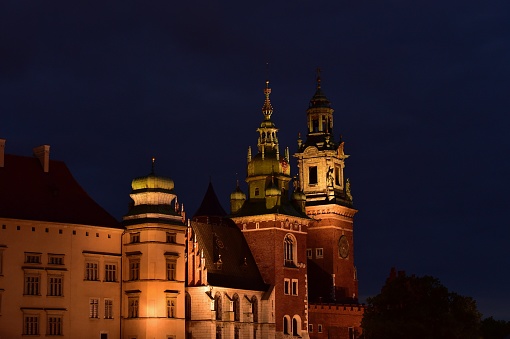 Krakow, Poland, city and capital of Malopolskie.St. Mary's Church, Wawel Cathedral, and Renek Glowny main square.