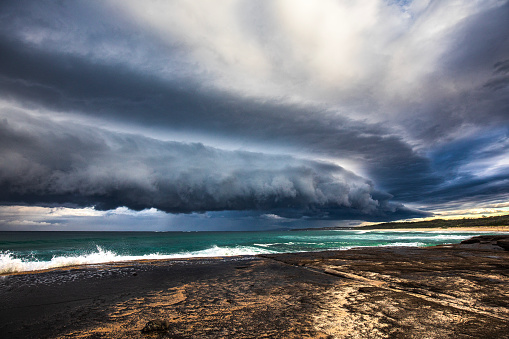 Dramatic shelf cloud storm system coming in to coast. South Coast, NSW, Australia.