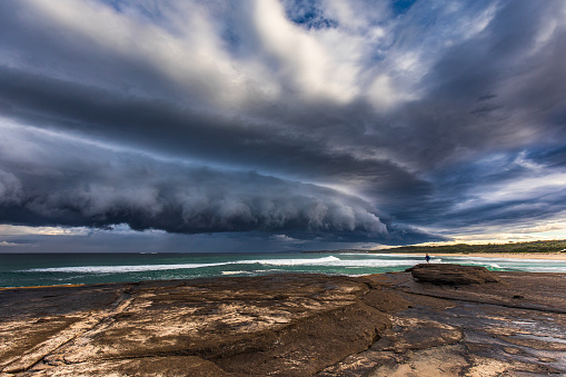 Dramatic shelf cloud storm system coming in to coast. South Coast, NSW, Australia.